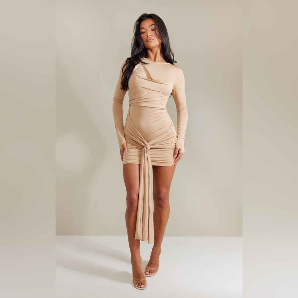 PrettyLittleThing Asymmetrical Tan Dress
